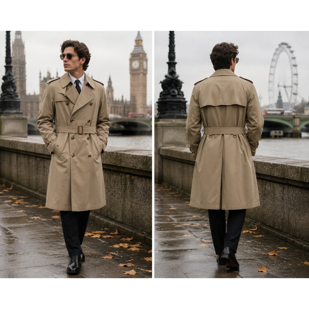 Aquascutum of London Mens Vintage Double Breasted Trench Coat Khaki Tan 44R